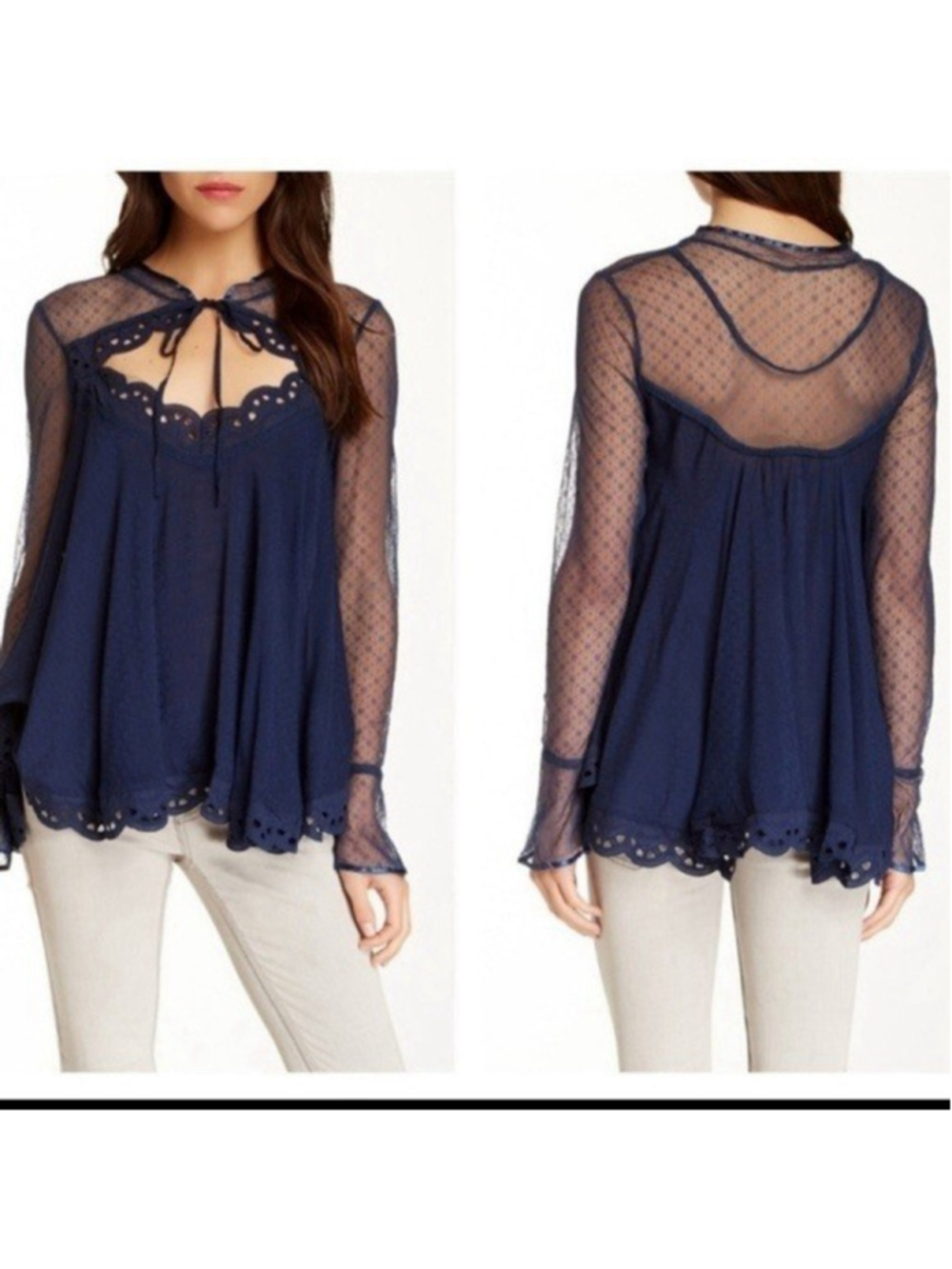 VTG Free People The Originals Cropped Mixed Lace Keyhole Top XS Sheer Dot Whimsy